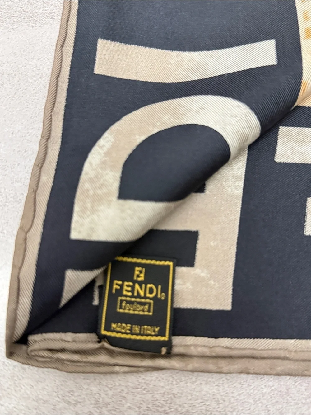 Fendi Gold and Gray Architectural Motif Silk Scarf